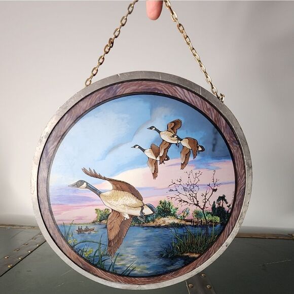 VTG Glassmasters Ducks Pond Hunting theme  Round Stained Glass Suncatcher 8.75” - Picture 2 of 5